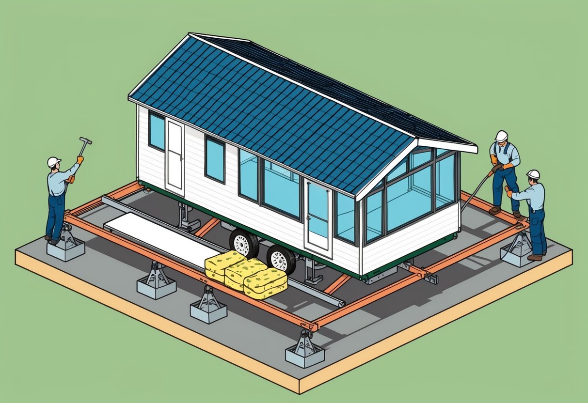A park home sits on a sturdy, newly refurbished chassis, while workers install insulation to enhance its stability and energy efficiency