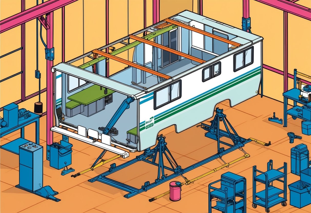 A park home chassis being lifted and repaired in a workshop