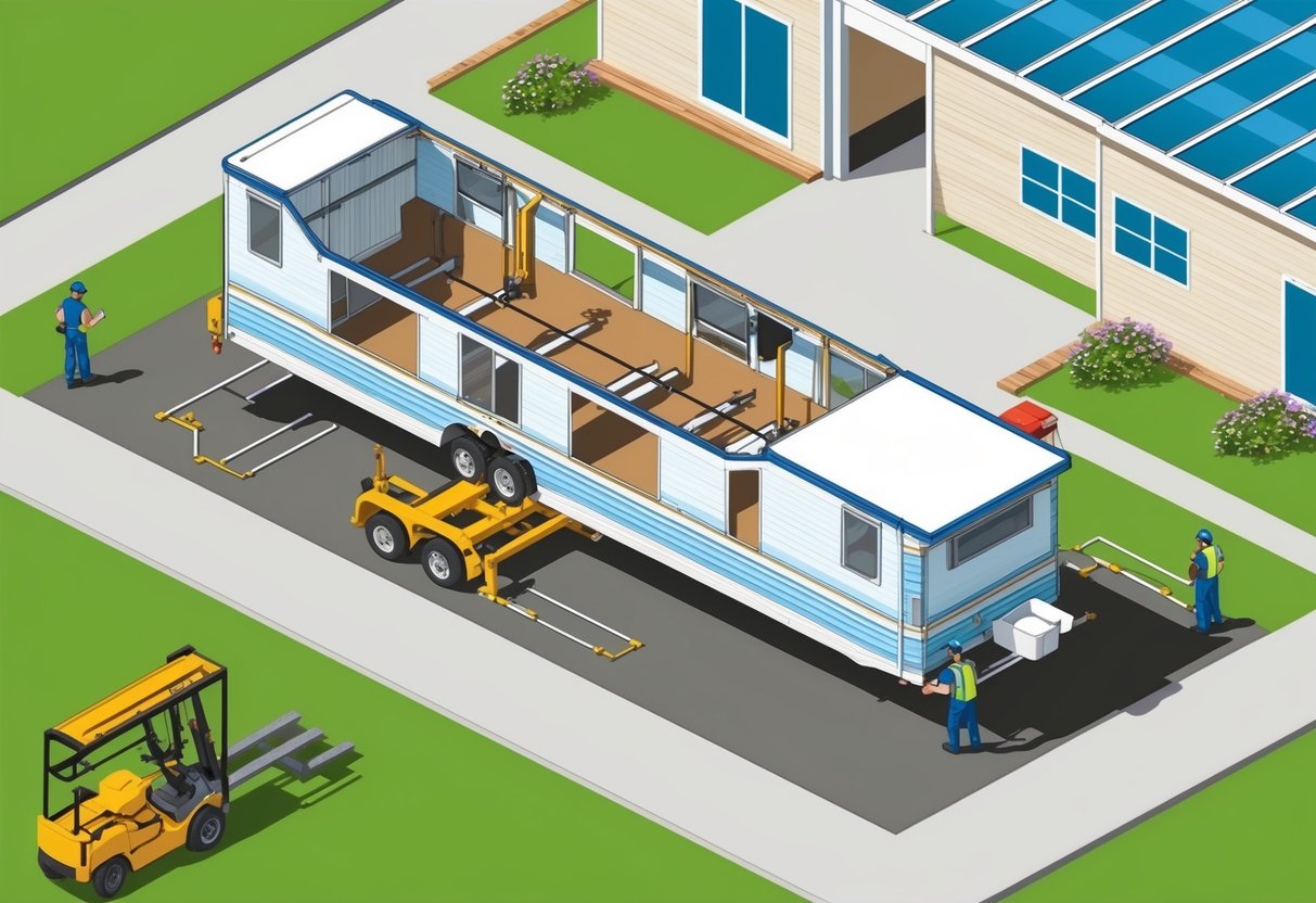 A mobile home chassis being lifted and inspected for refurbishment at a park maintenance facility