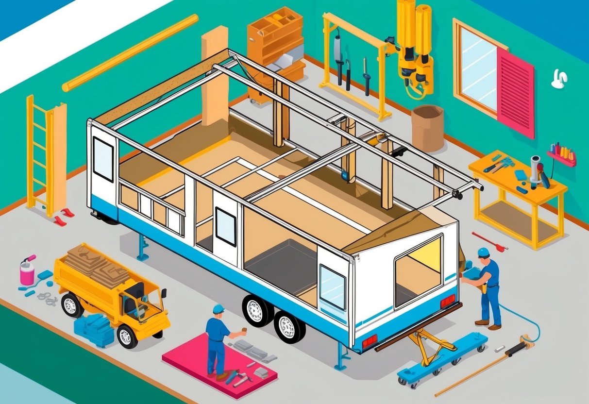 A park home chassis being refurbished with new materials and tools in a workshop setting
